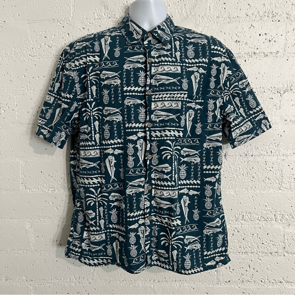 Island Shores Mens Casual Button Down Shirt M Teal Tropical Print 100% Cotton G3